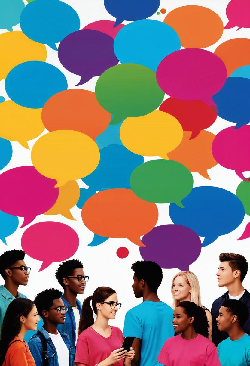 A vibrant digital landscape filled with diverse teenagers engaging in online discussions, expressing their ideas through colorful speech bubbles. Include elements like smartphones, social media icons, and virtual connection symbols to convey empowerment and community. The backdrop should feature a bright sky with abstract shapes symbolizing creativity and innovation. super-realistic. vibrant colors. white background.