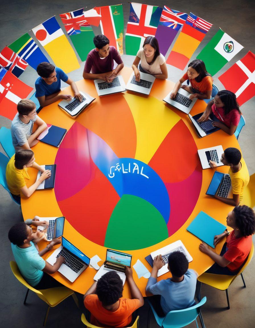 A diverse group of teenagers engaged in a lively discussion around a large, colorful round table filled with laptops and books, symbolizing cultural exchange. The background showcases vibrant flags from various countries, representing global dialogue. Include dynamic speech bubbles emanating from the group, highlighting their animated conversation. Artistic style with a blend of realism and vibrant cartoonish elements. vibrant colors. 3D.