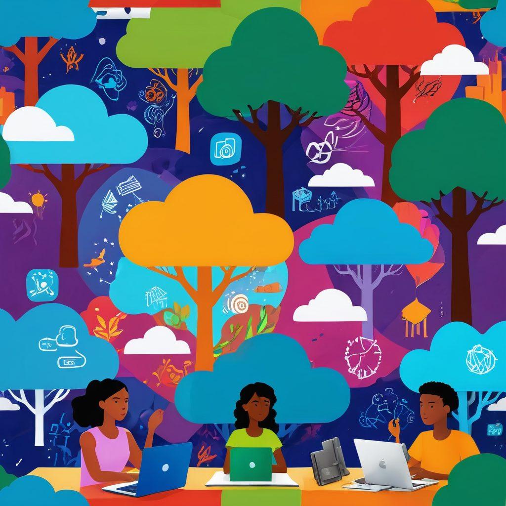 A vibrant digital landscape depicting diverse youth engaged in online discussions, surrounded by symbols of safety and support, like lifebuoys and shields. Bright colors illustrate the vibrancy of different voices, with glowing screens displaying thoughtful comments and ideas. Infuse elements of nature, such as trees and clouds, to represent growth and freedom within the digital space. Add a sense of collaboration with interconnected lines and icons showcasing community. super-realistic. vibrant colors. 3D.